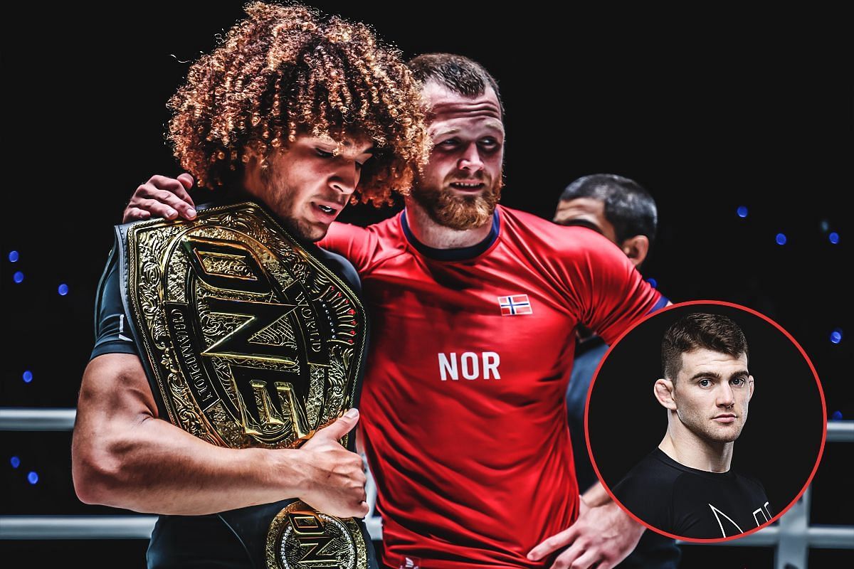 Tommy Langaker with Kade Ruotolo. (inset: Dante Leon) [Photos via: ONE Championship]