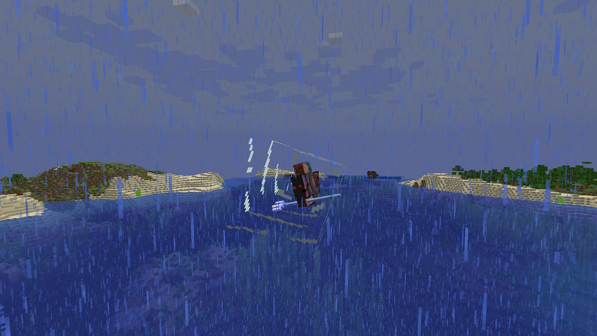 Riptide enchantment on the trident allows players to fly with the weapon when they are in contact with water (Image via Mojang Studios)