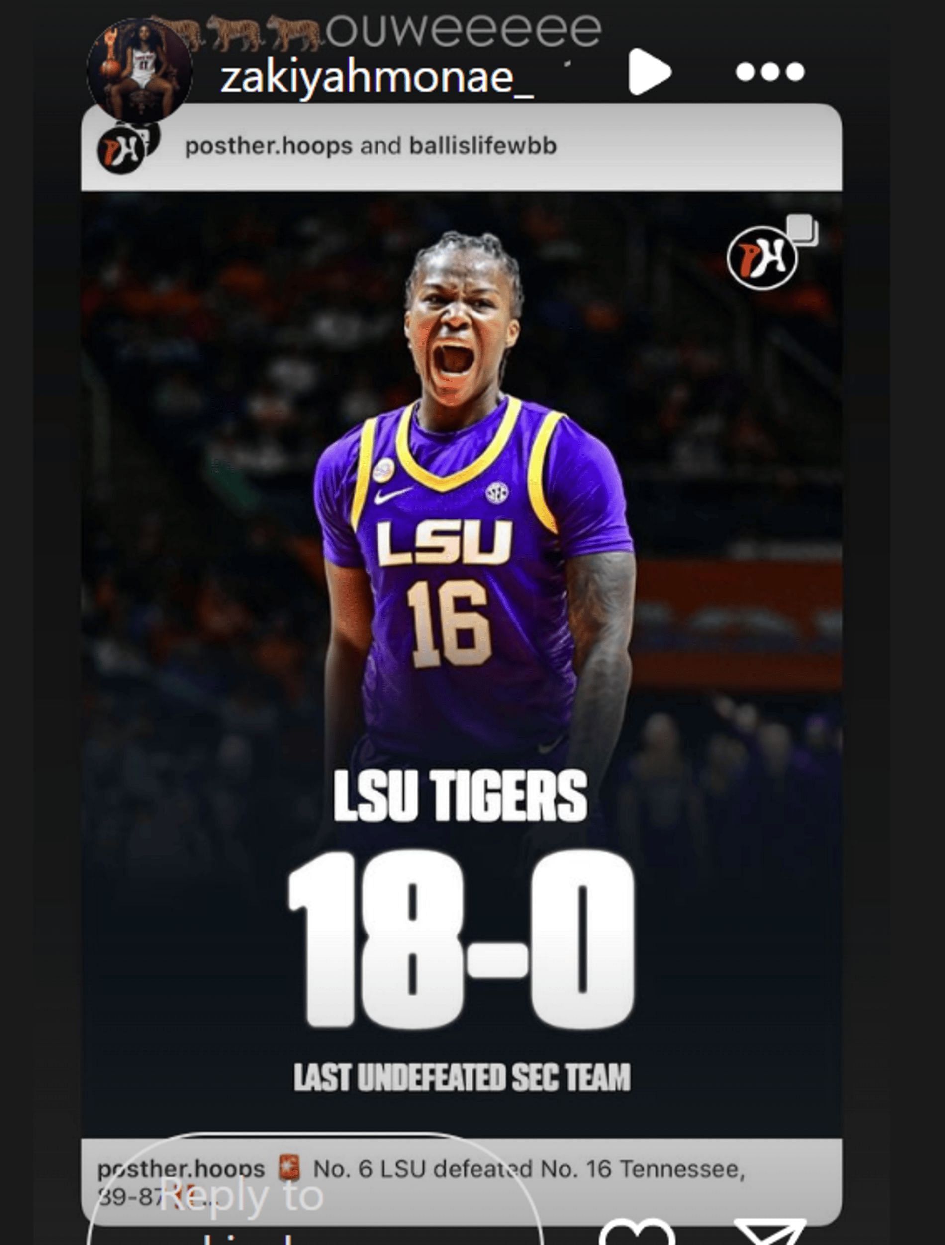 LSU commit ZaKiyah Johnson shares her future school&#039;s undefeated streak on her Instagram Stories (Source: Instagram/zakiyahmonae_)