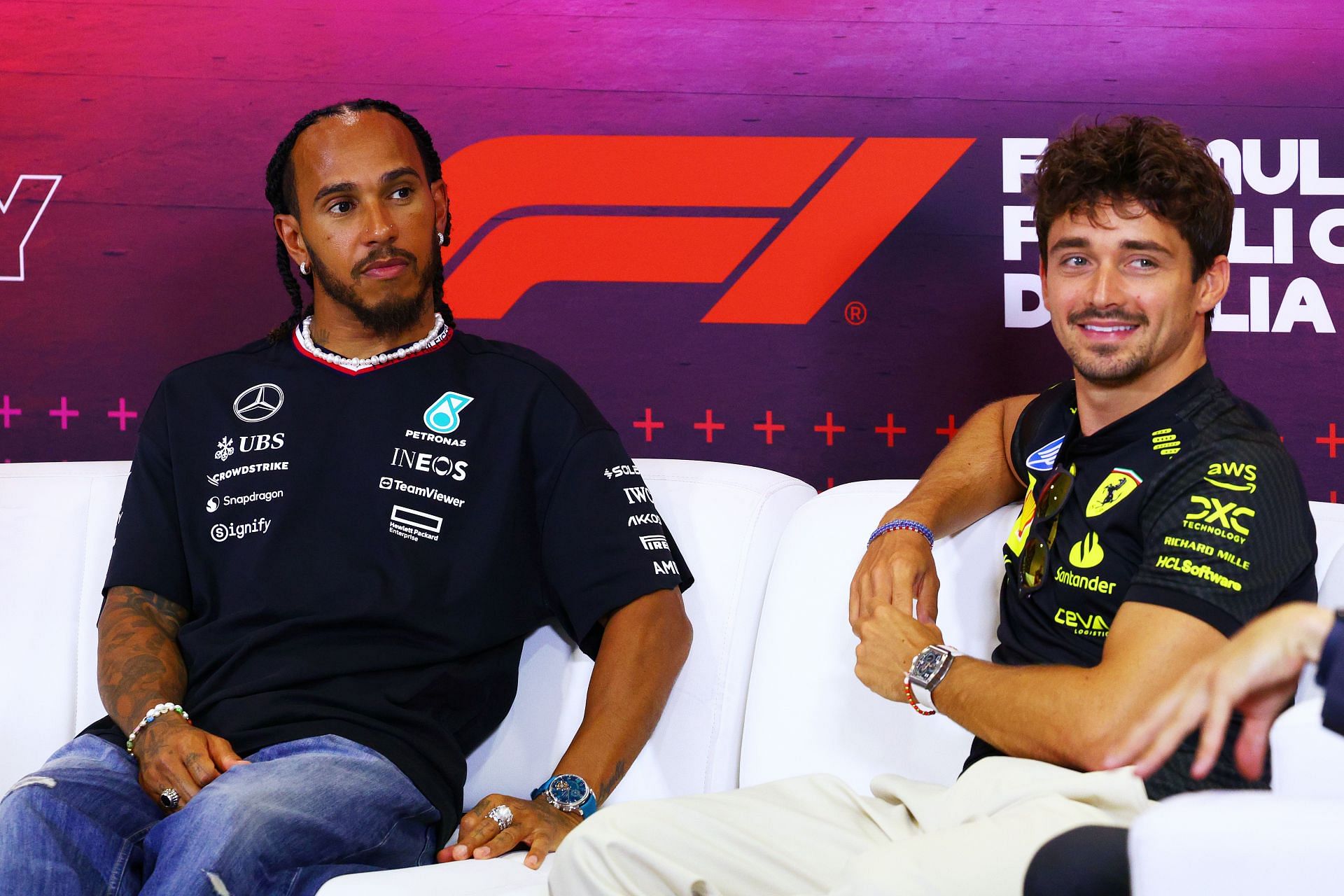  Lewis Hamilton of Great Britain and Mercedes and Charles Leclerc of Monaco and Ferrari attend the Drivers Press Conference - Source: Getty