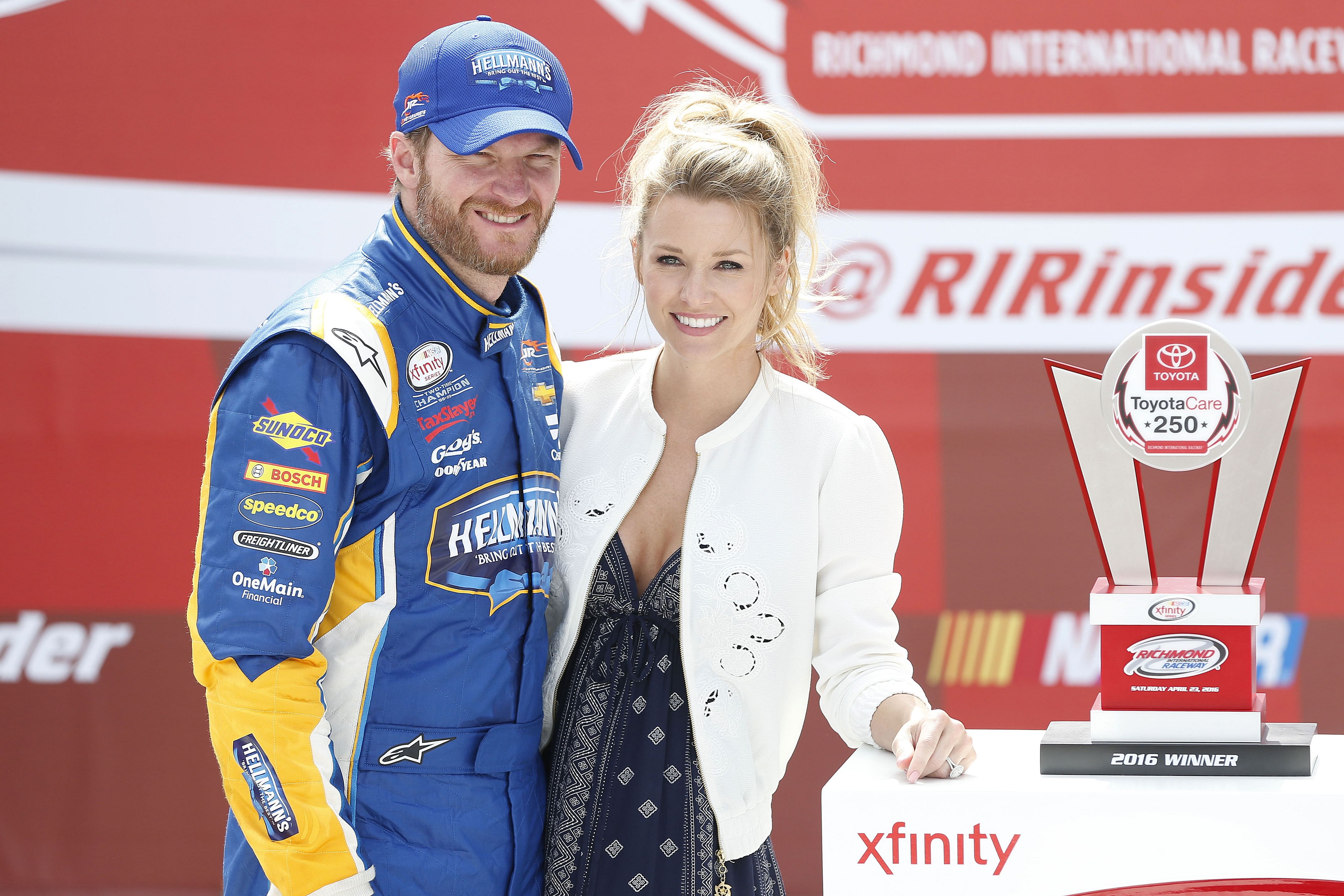 Dale Earnhardt Jr. with Amy after winning the Toyotacare 250 at Richmond International Raceway - Source: Imagn