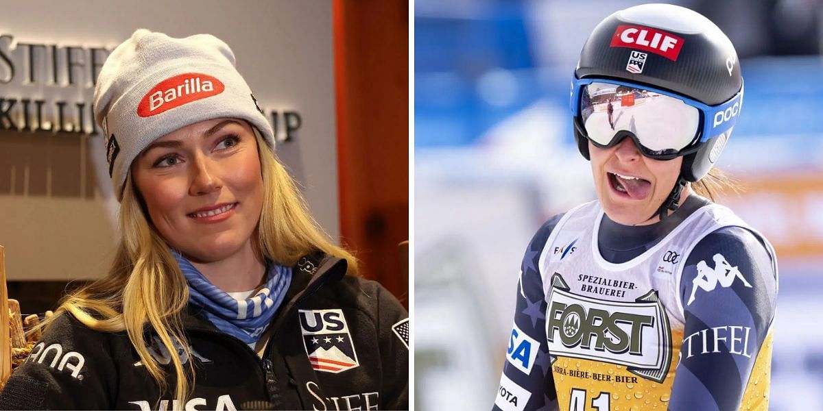 Mikaela Shiffrin reacts to Olympian Keely Cashman&rsquo;s career-best World Cup finish. PHOTO: Both from Getty