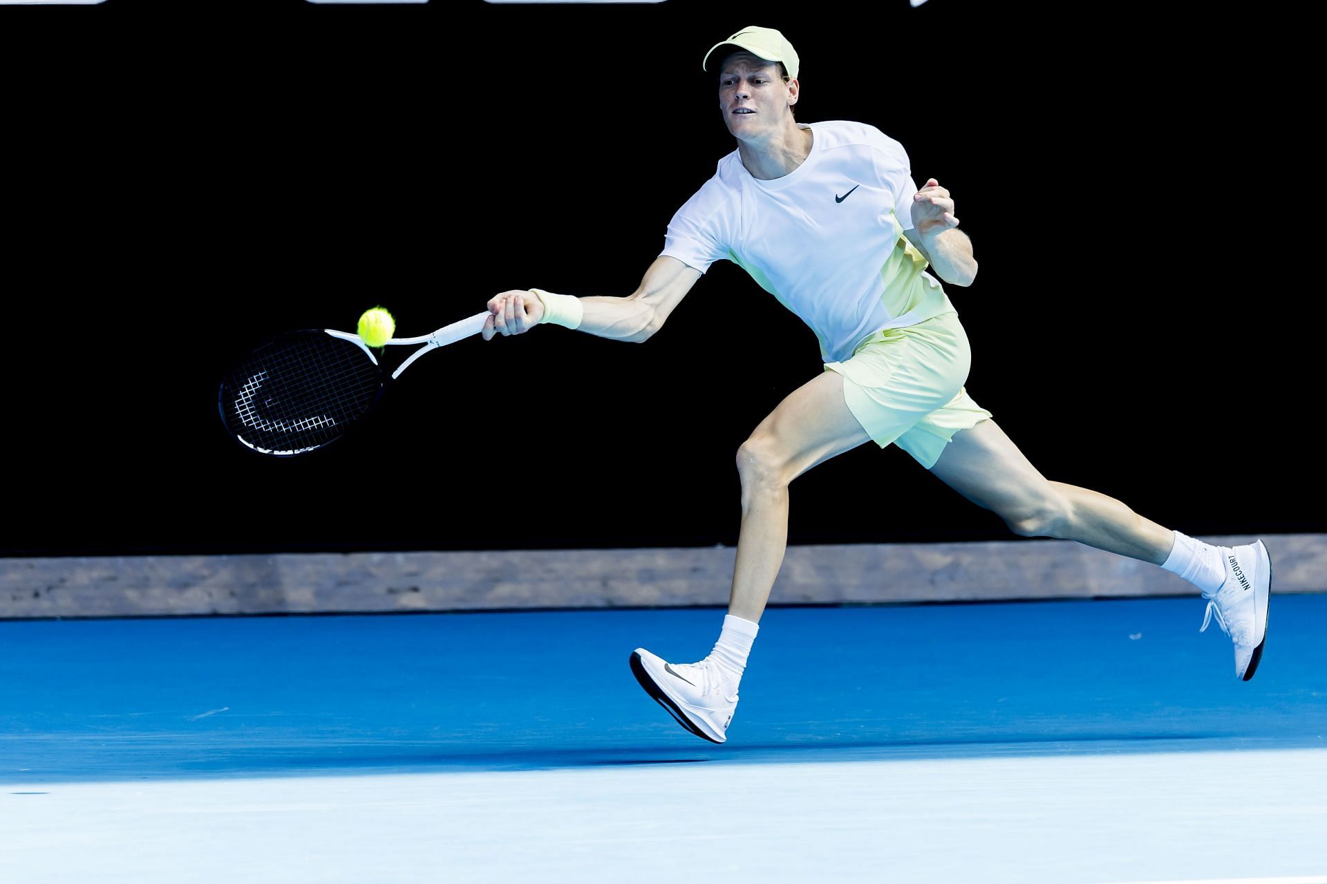 Jannik Sinner in action during his first-round encounter at the 2025 Australian Open. (Source: Getty)