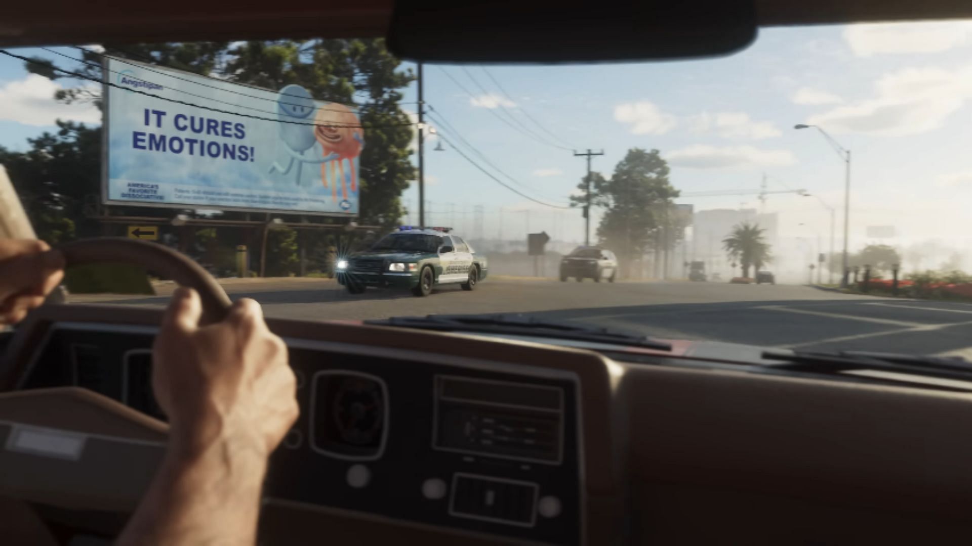 Cops driving past Lucia&#039;s car in the trailer (Image via Rockstar Games)