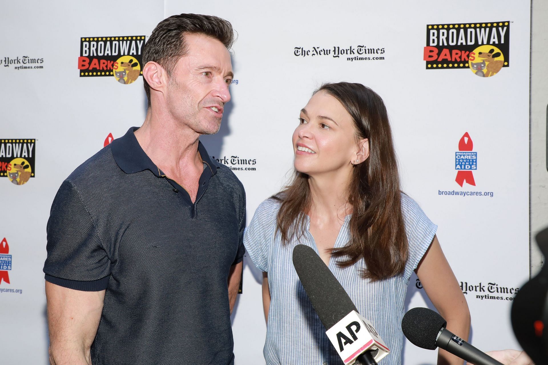 Hugh Jackman and Sutton Foster at the 2022 Broadway Barks in New York City (Image via Getty)