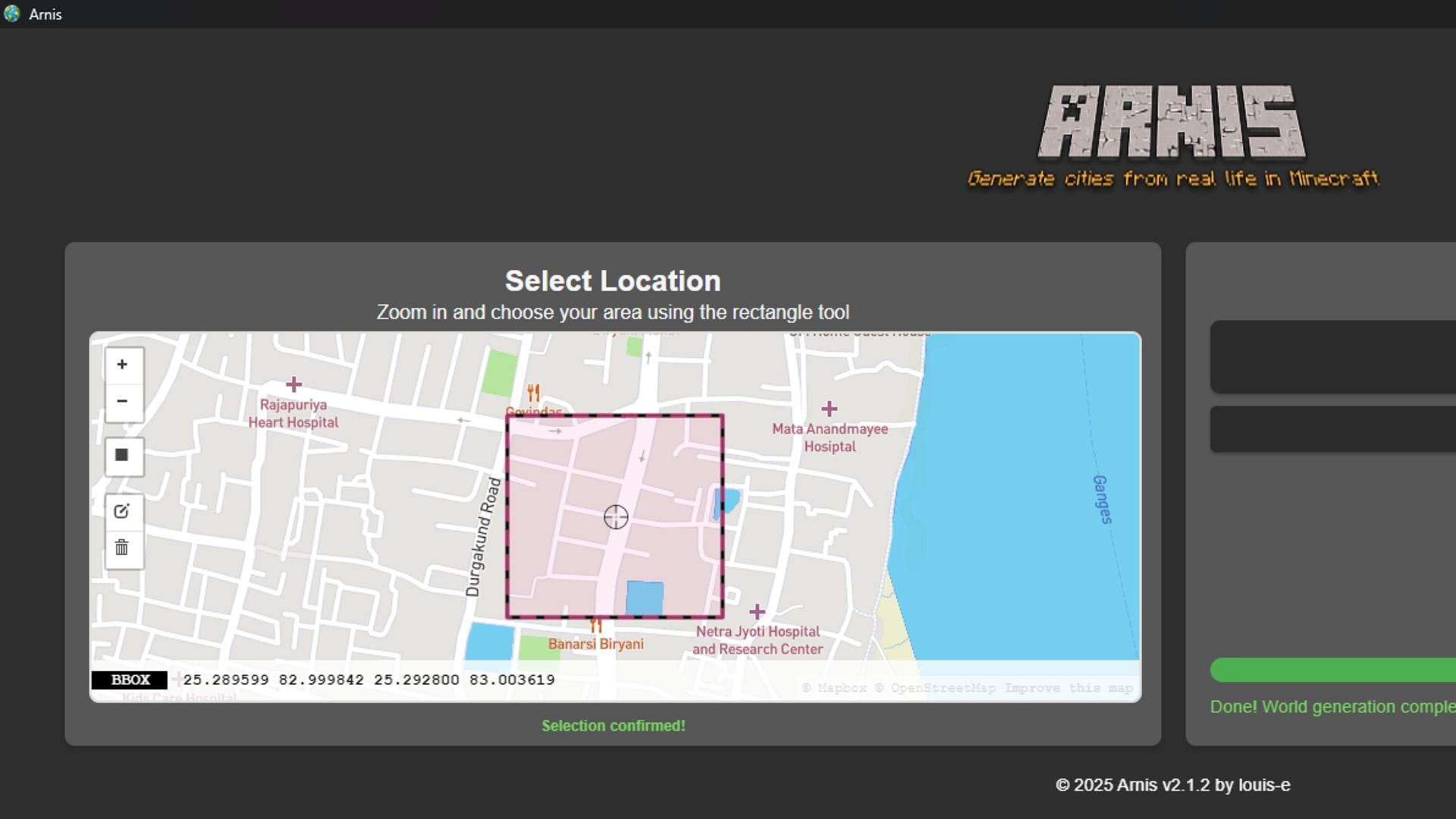 Select the location on the map using the square option (Image via Arnis)