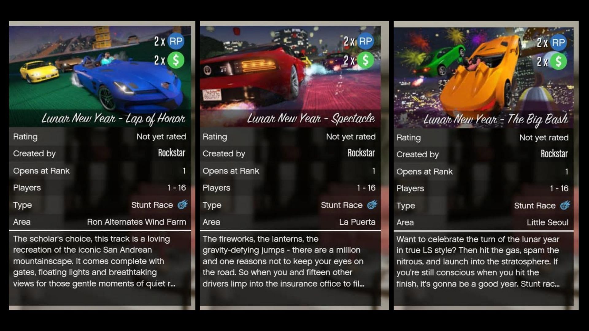 Description of each GTA 5 Online Lunar New Year Stunt Race (Images via Rockstar Games)