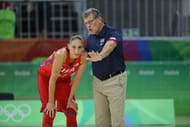 USA head coach Geno Auriemma talks with guard Diana Taurasi (12) during their game against Spain in the Rio 2016 Summer Olympics at Youth Arena. Photo: Imagn