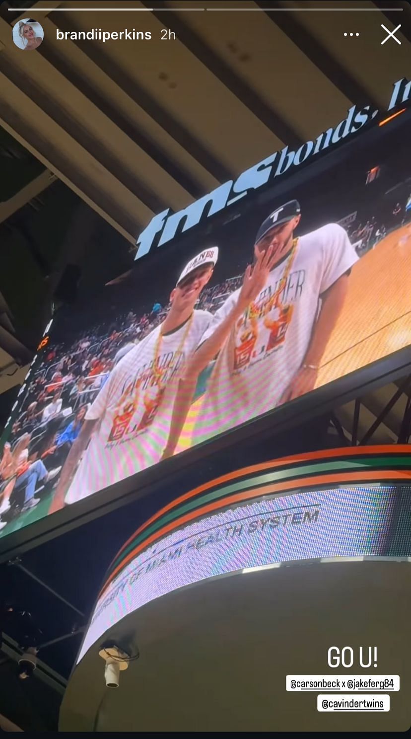 Cowboys&rsquo; Jake Ferguson &amp; Miami QB Carson Beck show support for GFs Haley &amp; Hanna Cavinder at clash against SMU - Image source: Instagram/brandiiperkins