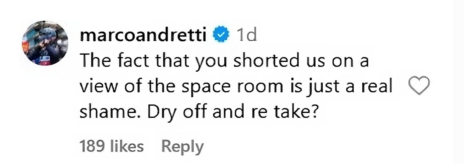 Marco Andretti&#039;s comment on Alexander Rossi&#039;s Instagram post (@alexanderrossi)