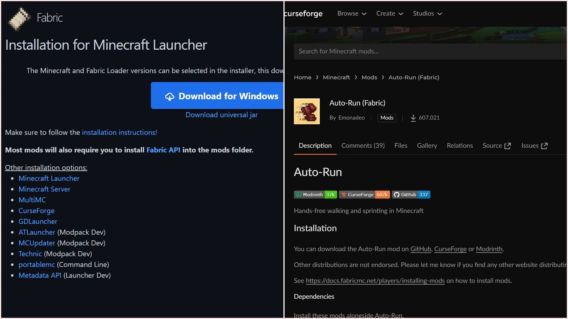 Install Fabric API and download the latest Auto-Run mod from CurseForge (Image via Mojang Studios/Fabric/CurseForge)