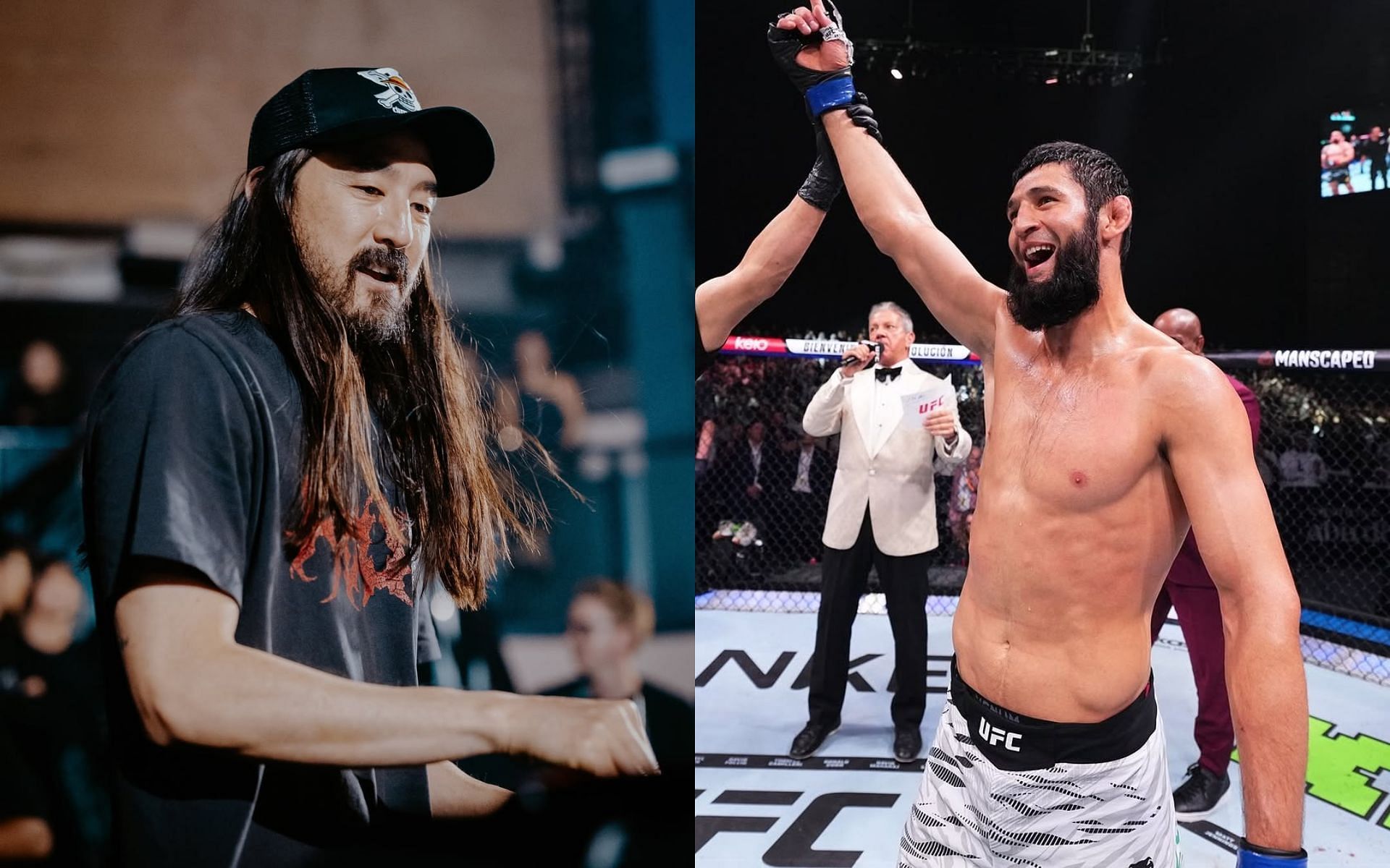 DJ Steve Aoki (left) reacts to Khamzat Chimaev (right) claims of getting belt in 2025. [Images courtesy: @ufc and @steveaoki on Instagram]