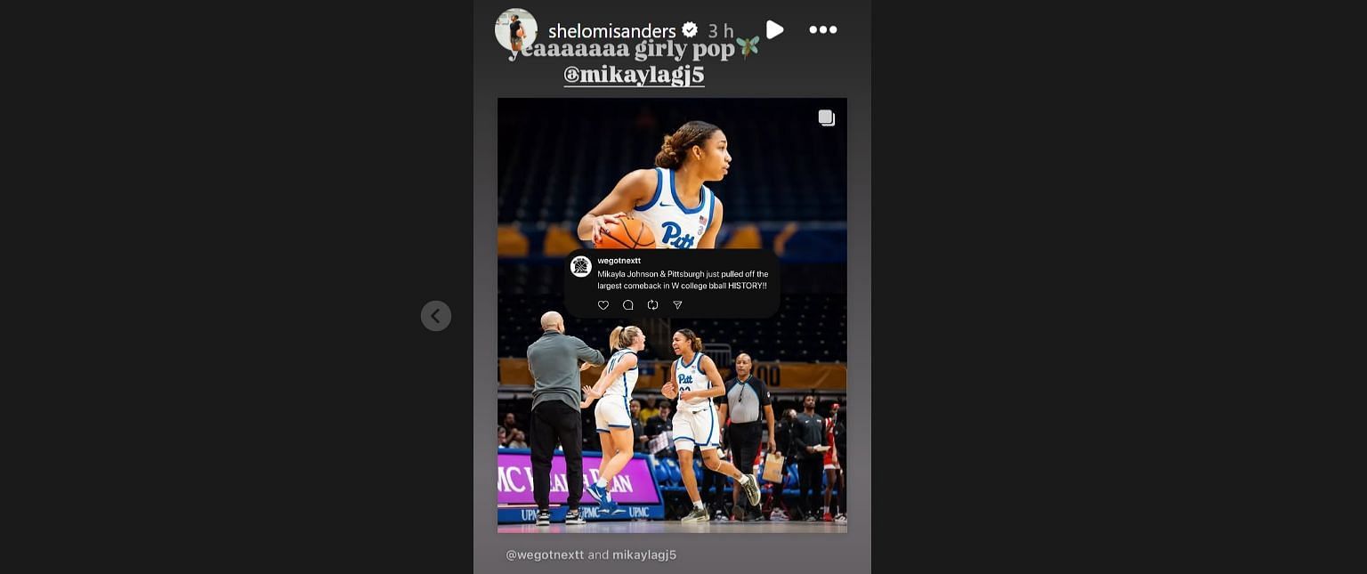 Shelomi Sanders was quick to heap praise on Mikayla Johnson and Pitt after they made history. (Source: https://www.instagram.com/stories/shelomisanders/3544751824657738178/)