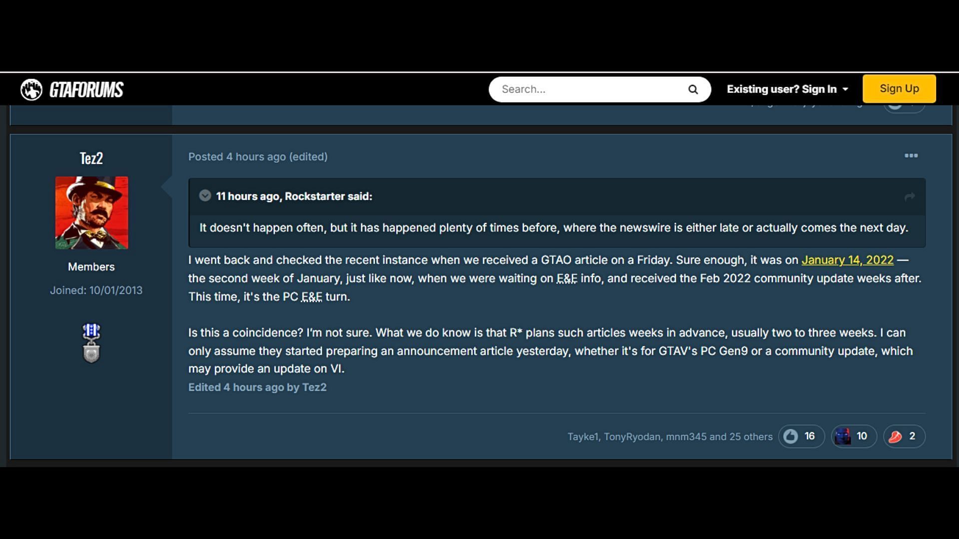 Tez2&#039;s comment in question (Image via GTAForums)