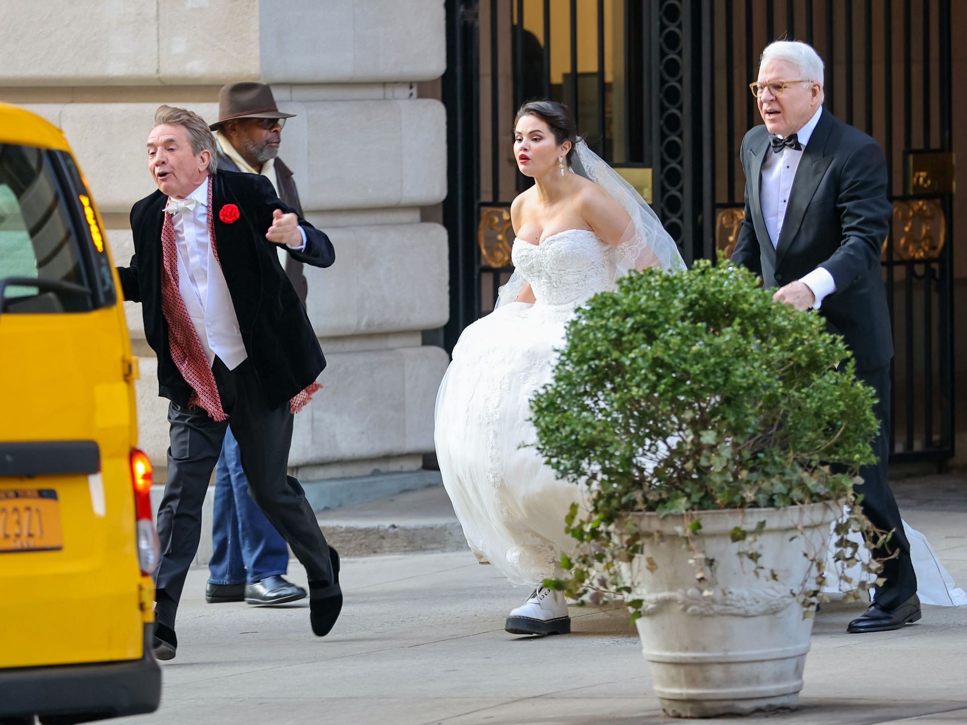 Martin Short, Selena Gomez, and Steve Martin in a still from Only Murders in the Building. (Image via Getty)