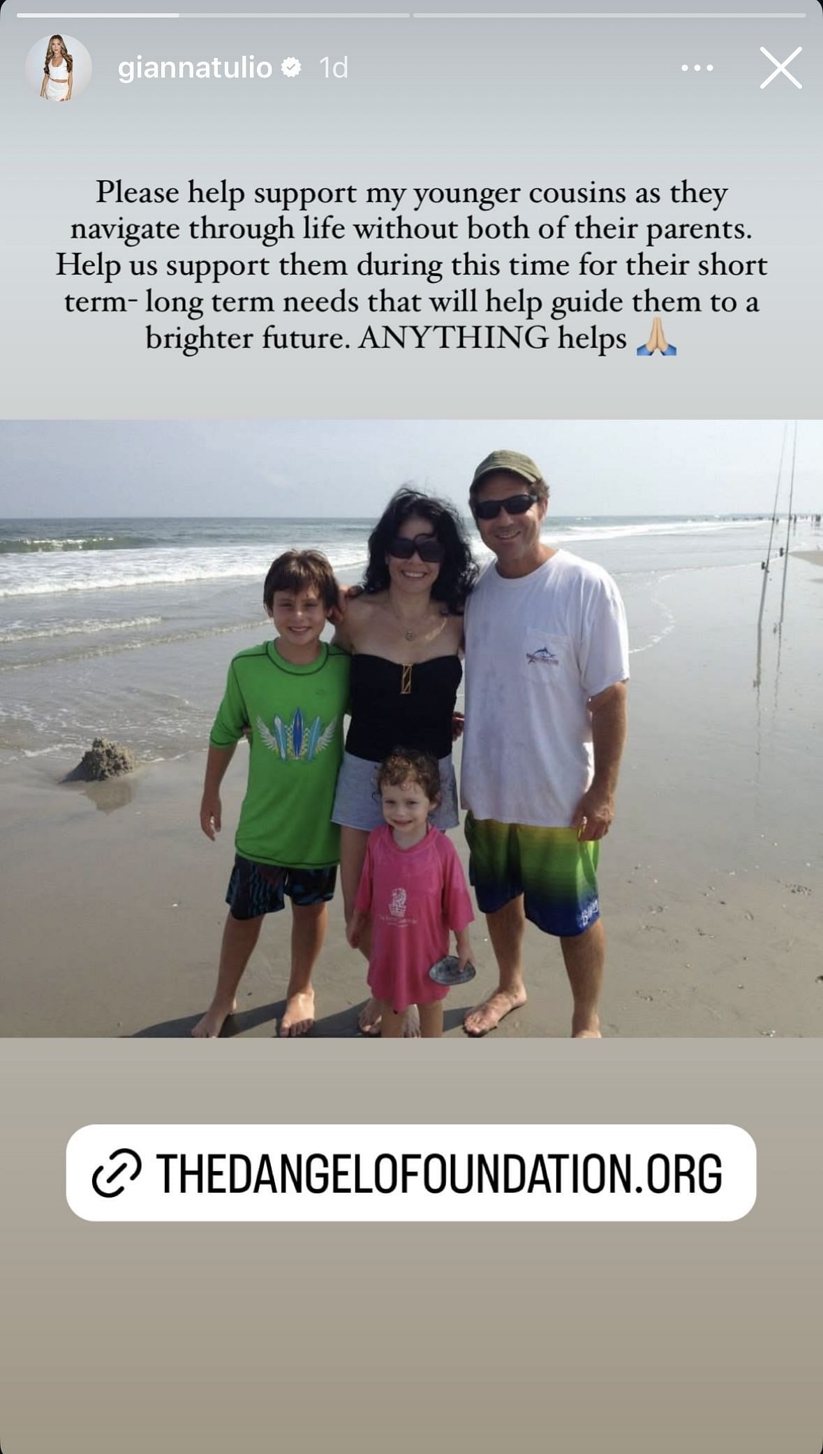 Gianna Tulio&#039;s instagram story featuring donation link and picture of her relatives - Image via Instagram/@giannatulio