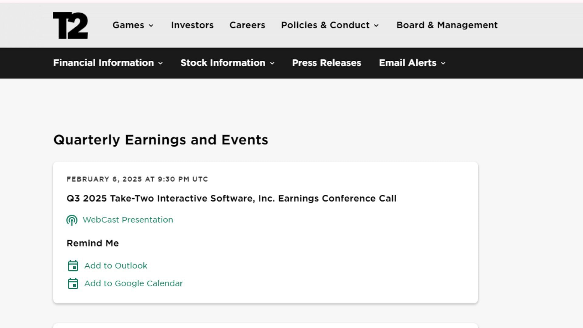 Details of the next Take-Two Interactive earnings call in February 2025 (Image via take2games.com)