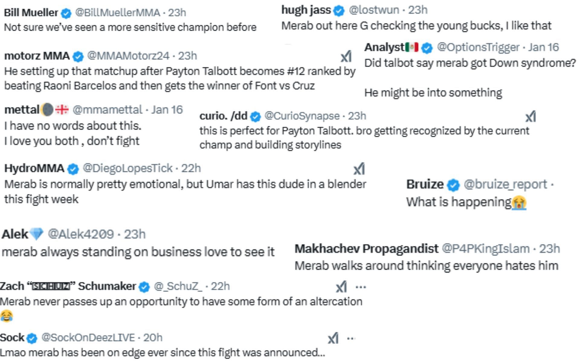 Screenshots of fan reactions to Merab Dvalishvili confronting Payton Talbott