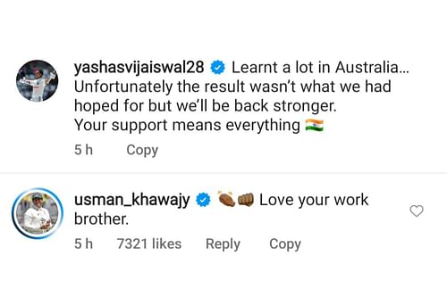 Usman Khawaja reacts to Yashasvi Jaiswal's post on BGT 2024-25 (Image via Instagram-@yashasvijaiswal28)