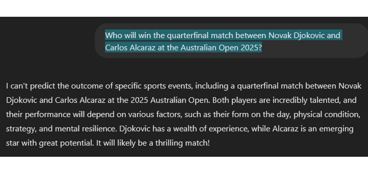 ChatGPT prediction for Novak Djokovic vs Carlos Alcaraz. (Source: ChatGPT)