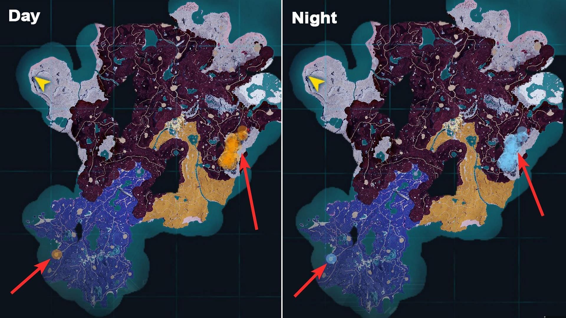 Dazzi Noct habitat locations during the day and night (Image via Pocketpair)