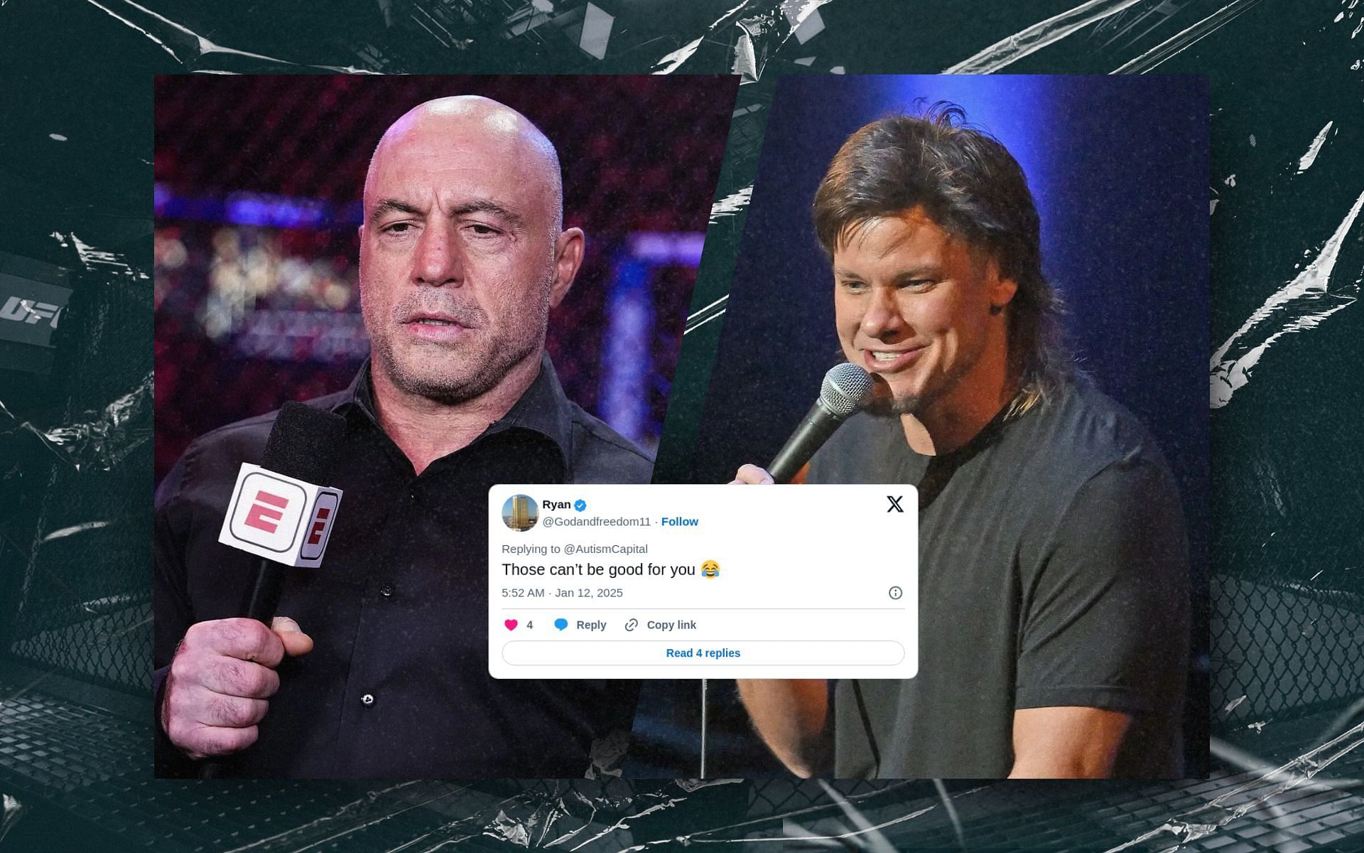 Fans react to Joe Rogan (left) and Theo Von (right) trying smelling salts. [Image courtesy: Getty Images]