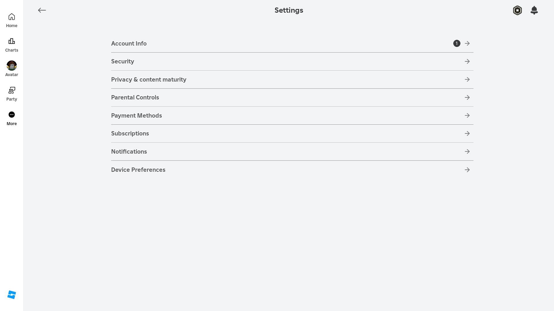 The Settings screen (Image via Roblox)