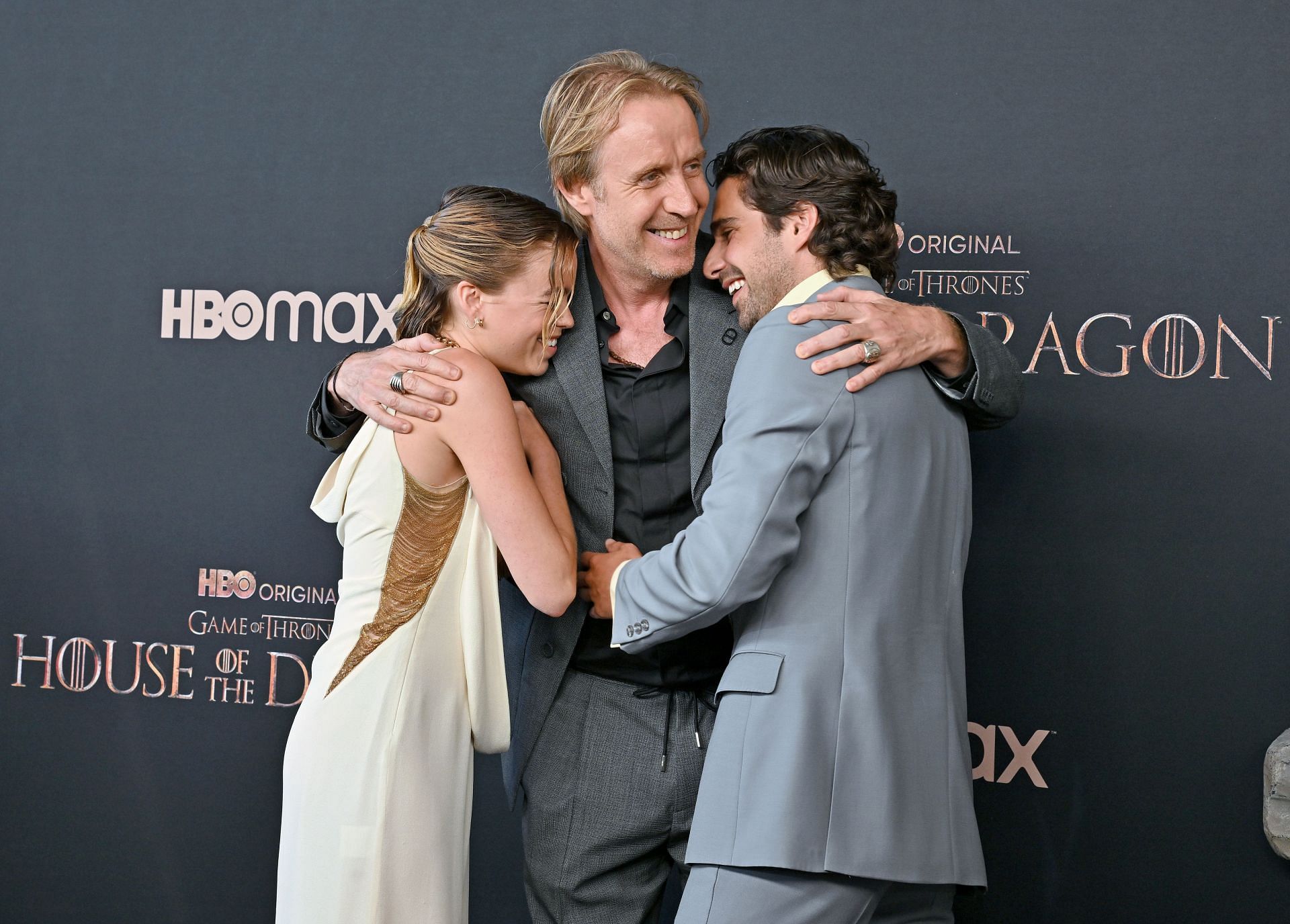 (L-R) Milly Alcock, Rhys Ifans, and Fabian Frankel attend the HBO Original Drama Series House Of The Dragon World Premiere at the Academy Museum of Motion Pictures on July 27, 2022, in Los Angeles, California(Image via Axelle/Bauer-Griffin/Getty Images)