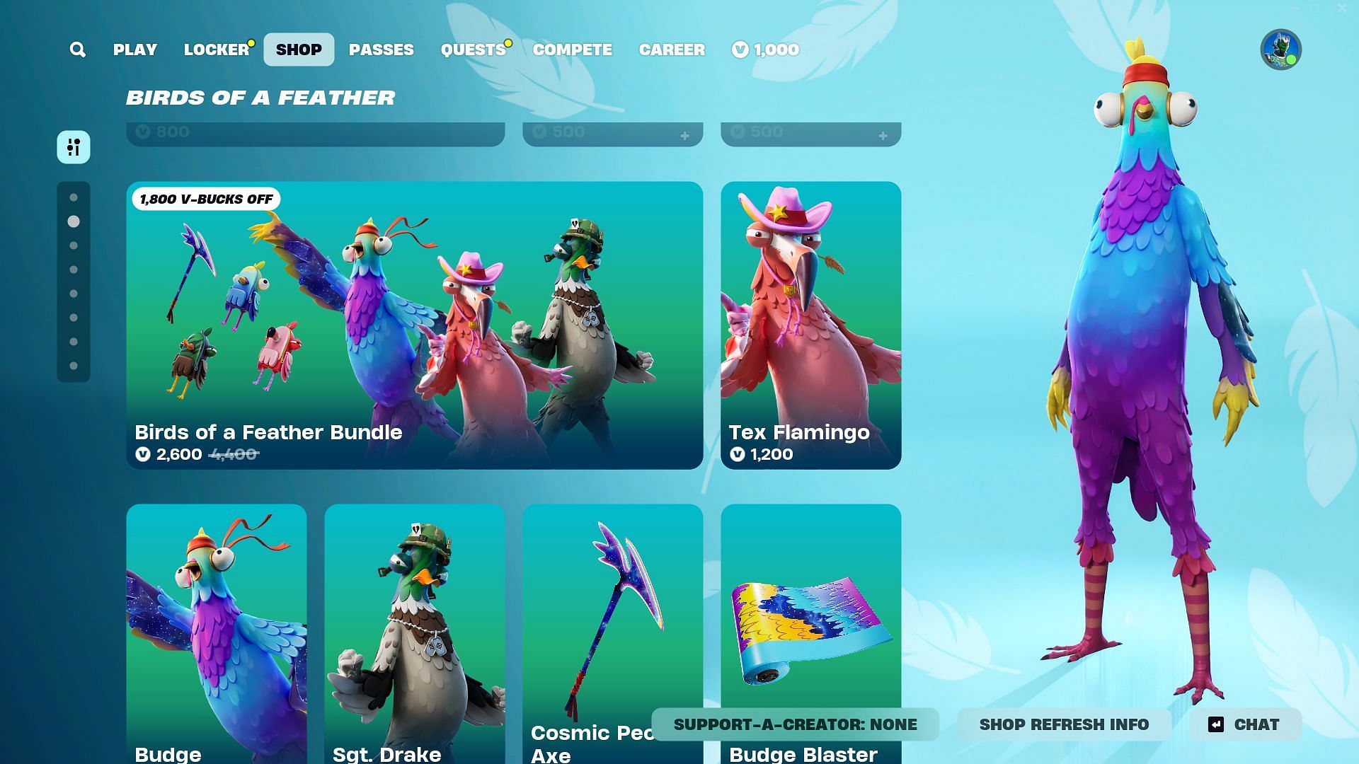 You can purchase Tex Flamingo, Sgt. Drake, and Budge (Birds of a Feather) skins in Fortnite separately (Image via Epic Games)