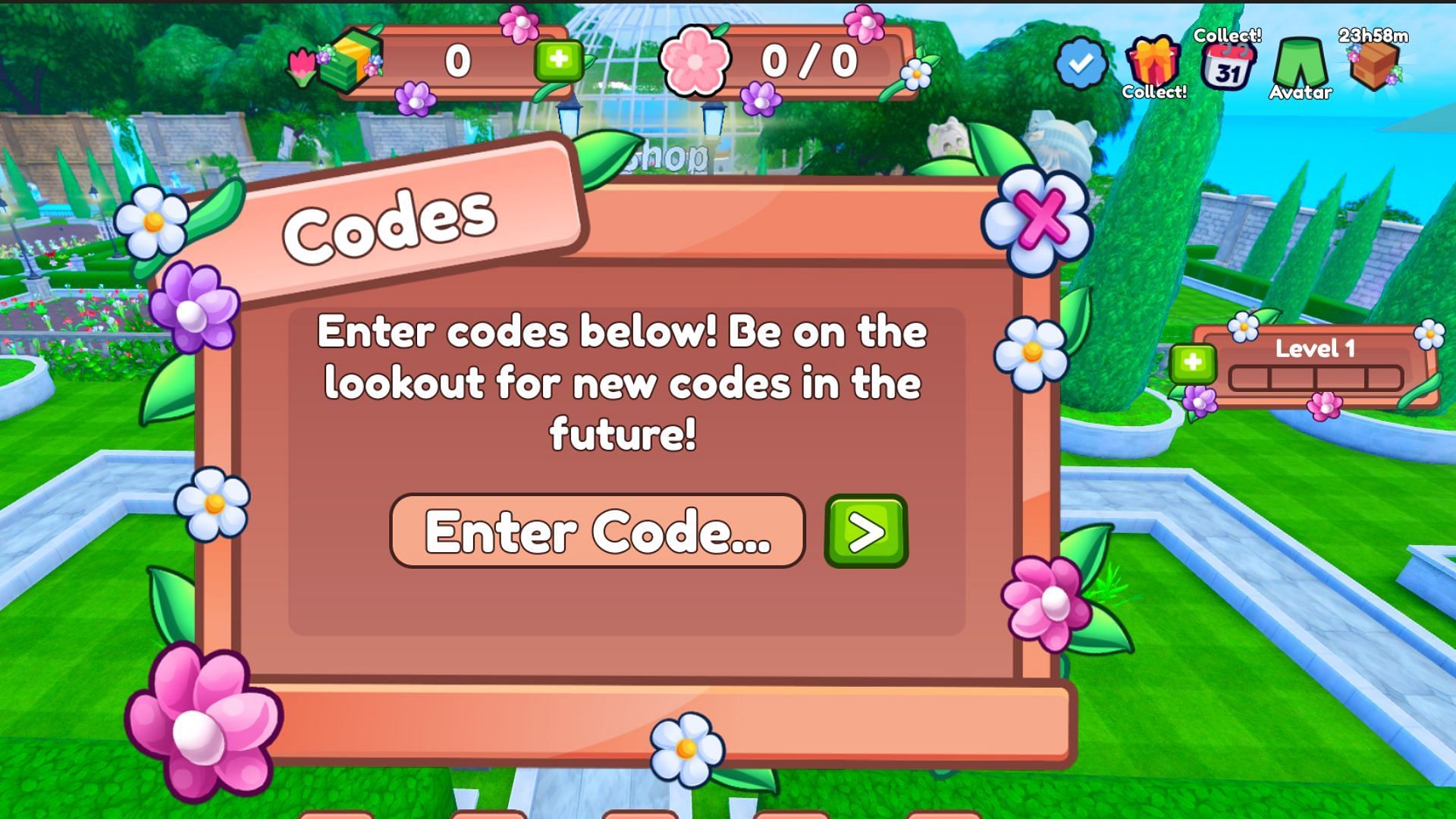 Redeem codes in Flower Simulator (Image via Roblox)