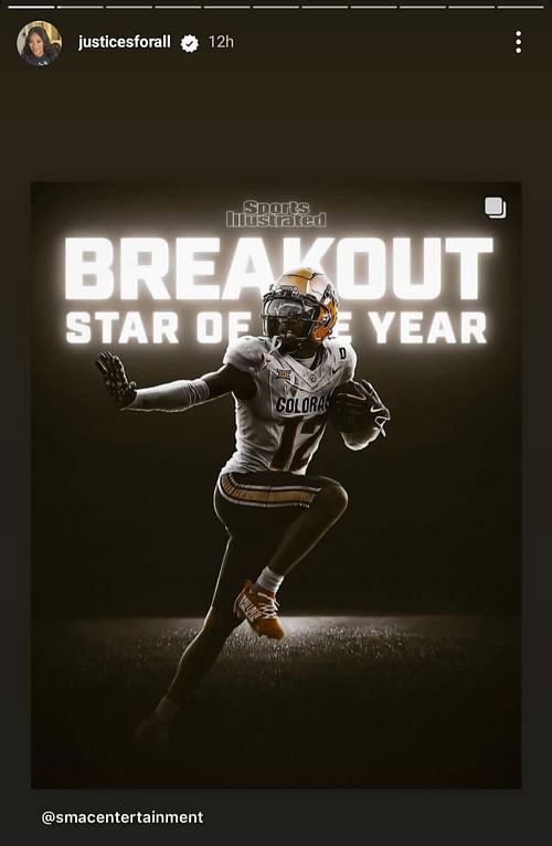 Travis Hunter's mom, Ferrante Edmonds, reposted Hunter's award-winning post graphic on her Instagram story. (Credits: IG/Ferrante Edmonds)