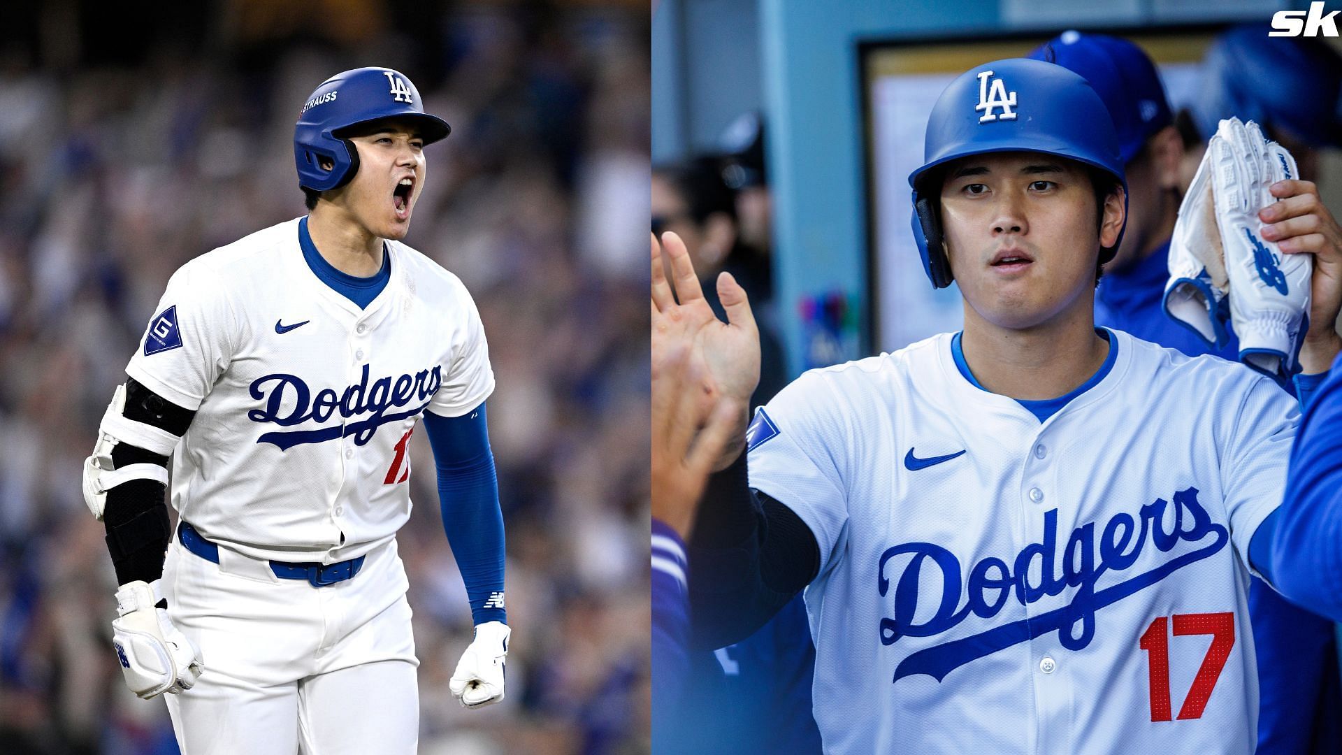 Shohei Ohtani of the Los Angeles Dodgers celebrates a three run home run during the second inning against the San Diego Padres at Dodger Stadium (Source: Getty)