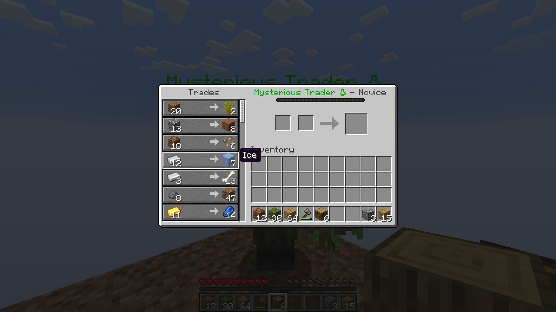 The mysterious trader will trade some iron ingots for an ice block (Image via Mojang Studios)