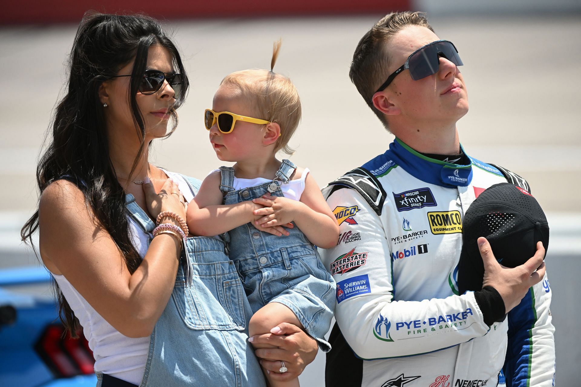 John Hunter Nemechek, driver of the #20 Pye Barker Fire &amp; Safety Toyota, his wife, Taylor, and daughter, Aspen Palmer - Source: Getty