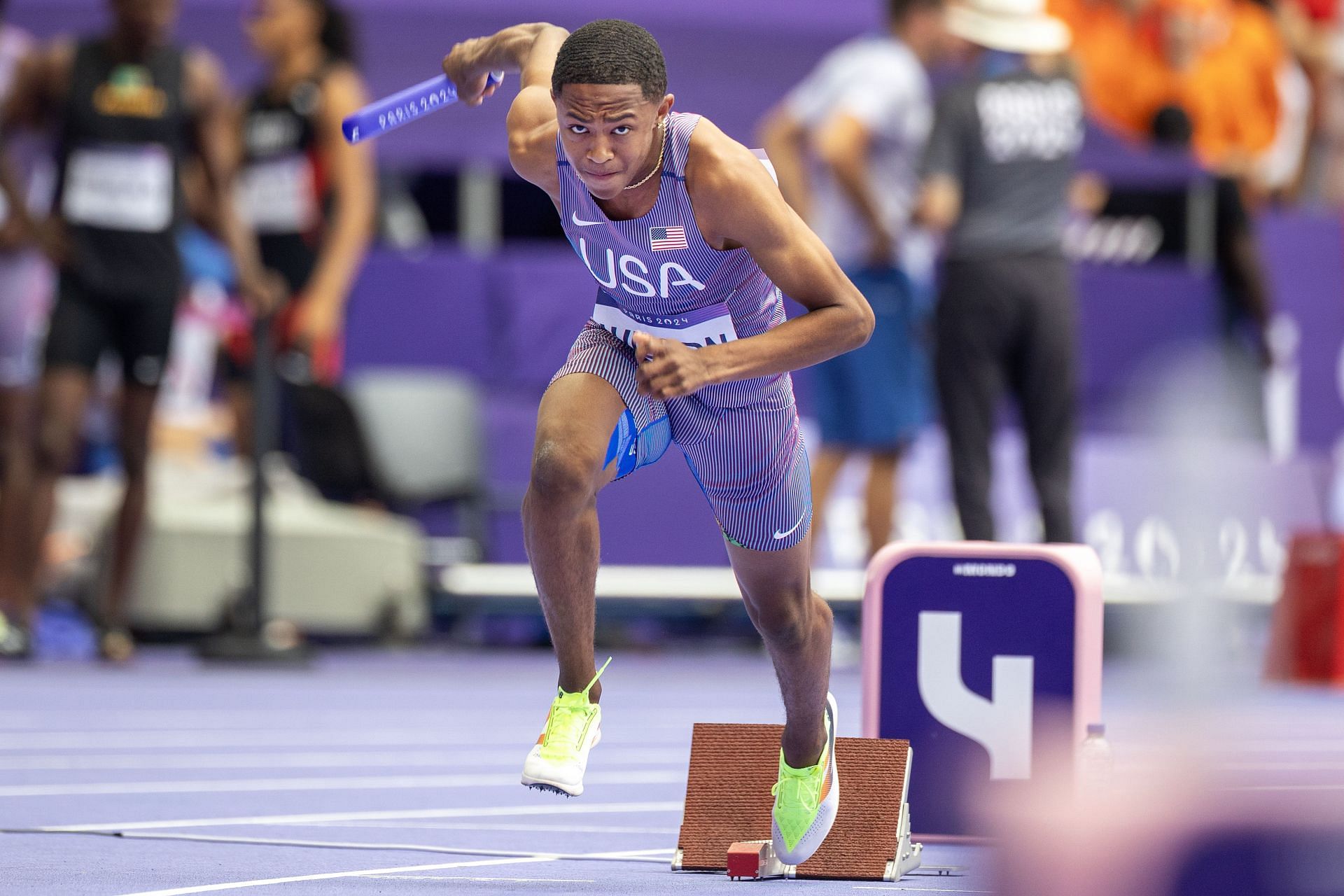 Wilson running the men&#039;s 4x400m relay at the Olympic Games-Paris 2024 - (Source: Getty)