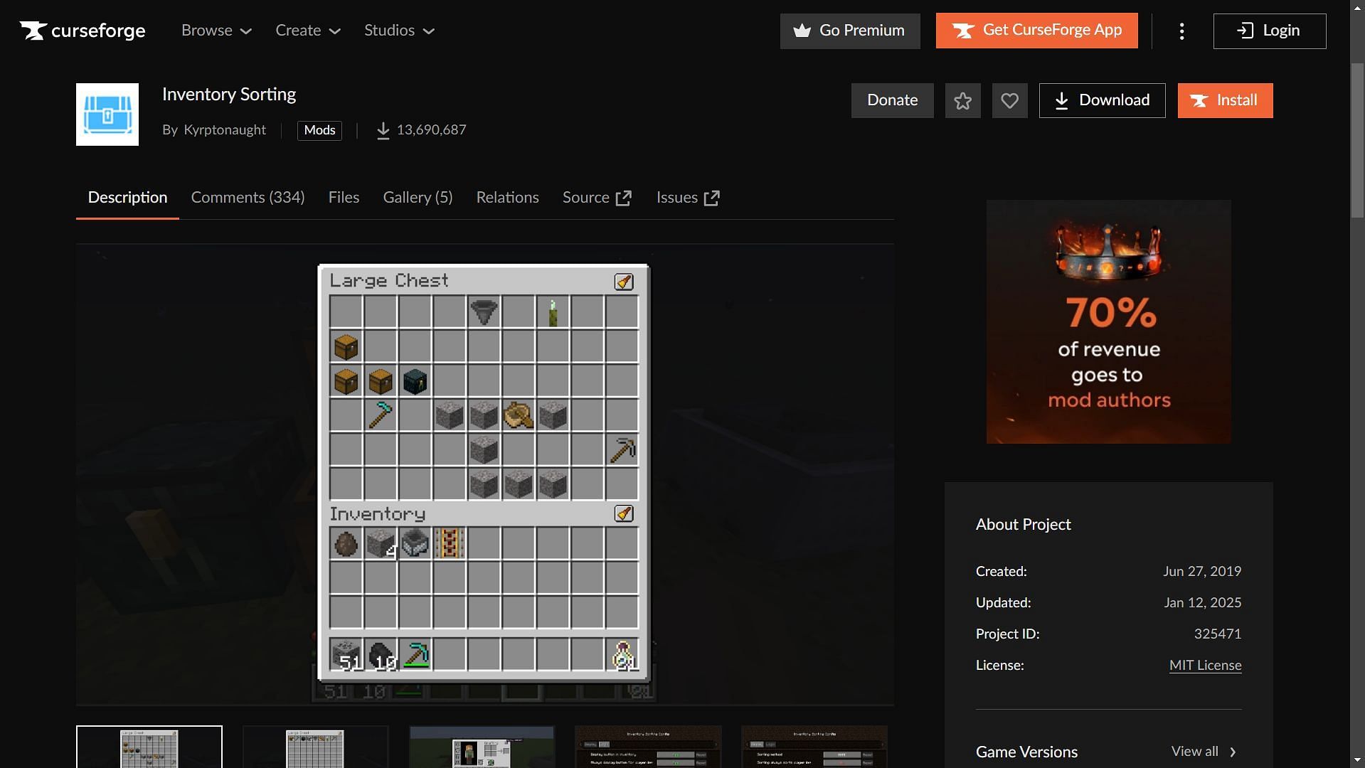 The inventory Sorting mod can be easily downloaded from the CurseForge website. (Image via CurseForge)