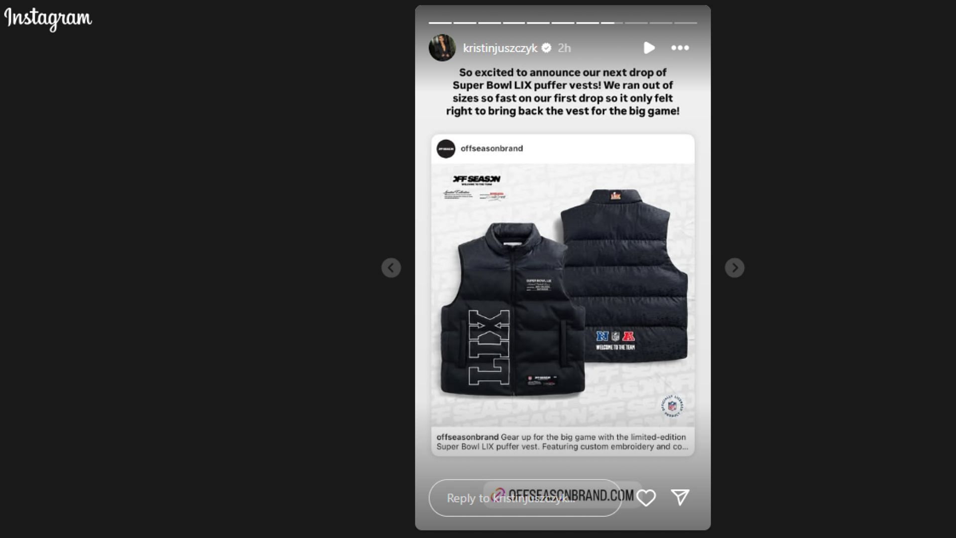 Juszczyk announced another drop of a limited collection puffer vest from her brand. (Photo via Instagram Story)