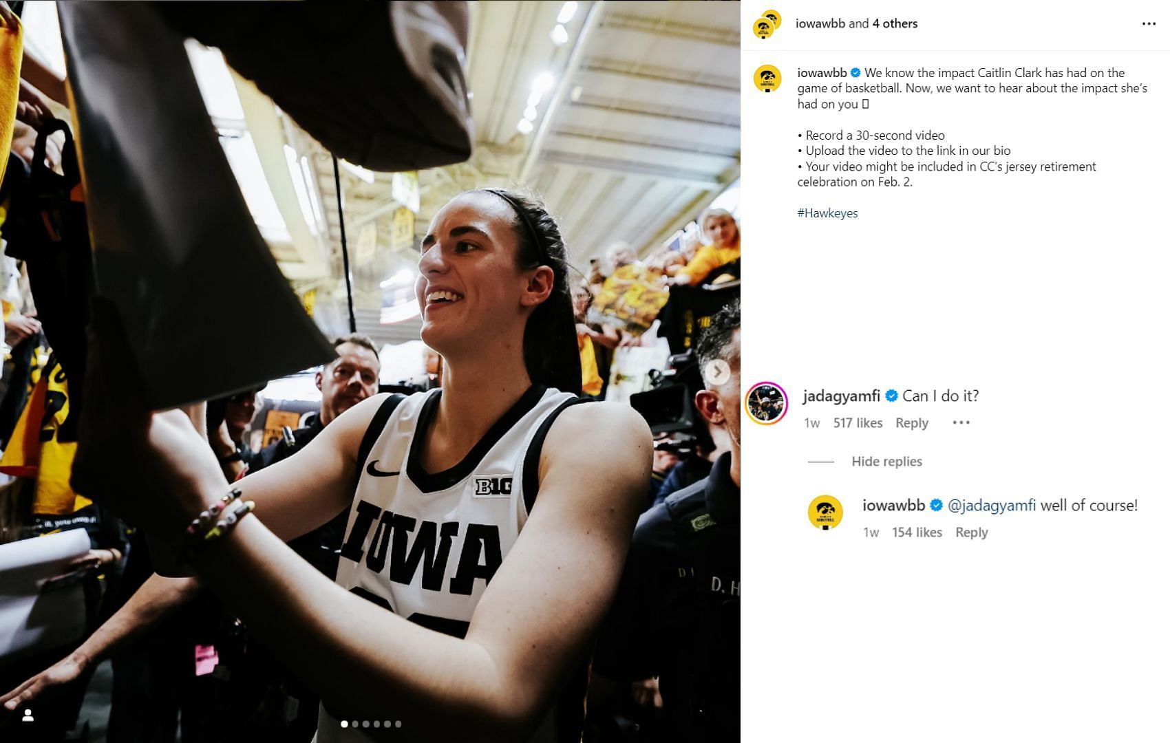 Gyamfi wants to participate in Caitlin Clark&#039;s jersey retirement ceremony (ig/iowawbb)