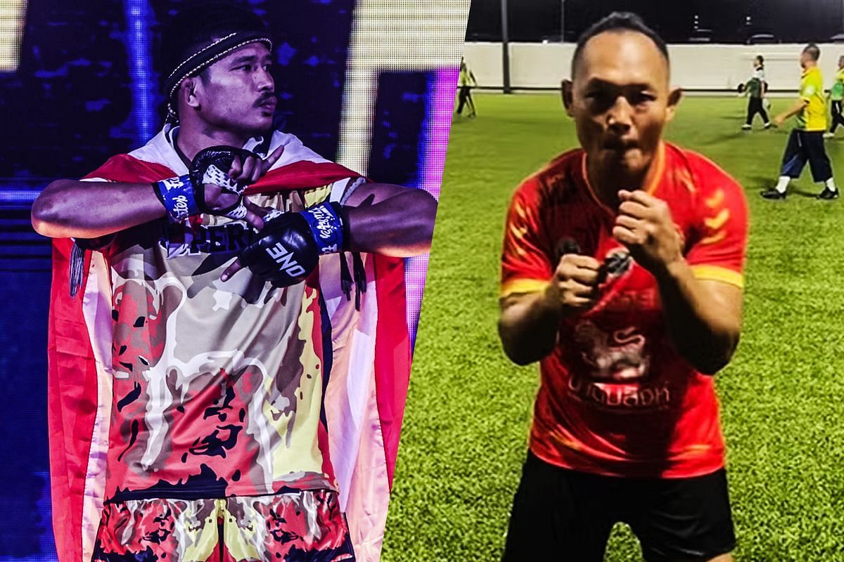 WATCH: Champ-champ Superlek gets his football warm-ups in with Thai legend Saenchai in laidback clash of megastars -- Photo from ONE Championship