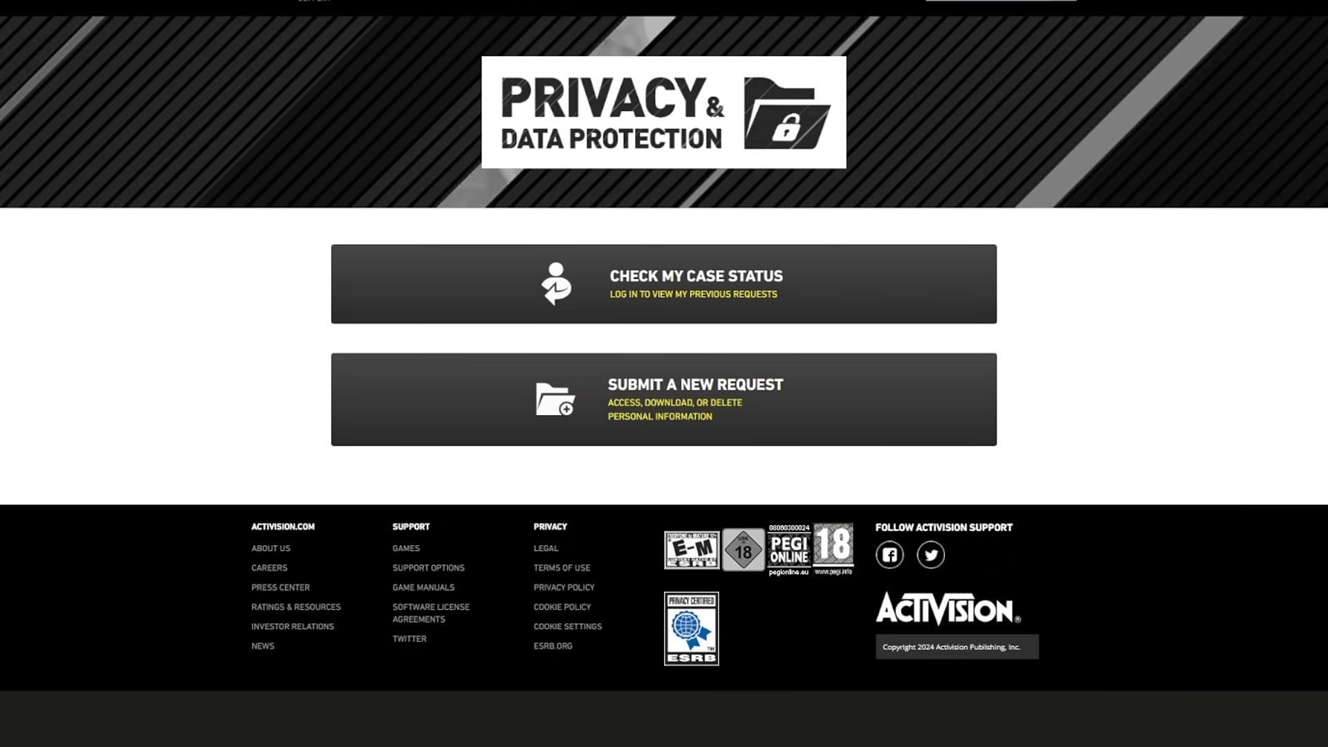 Activision&#039;s Privacy and Data Protection page (Image via Activision)