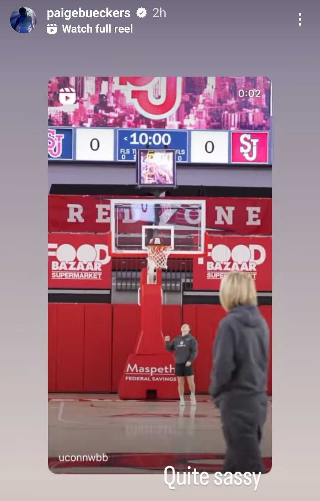 Paige Bueckers reacts to Geno Auriemma&#039;s layup. (Image via Instagram/@paigebueckers)