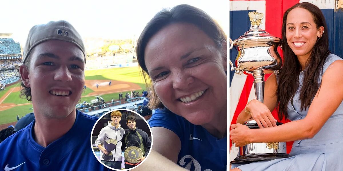 Jagger Leach with Lindsay Davenport (L); Jannik Sinner and Carlos Alcaraz (inset); Madison Keys (R) | Images: Instagram (Jagger Leach) / Getty