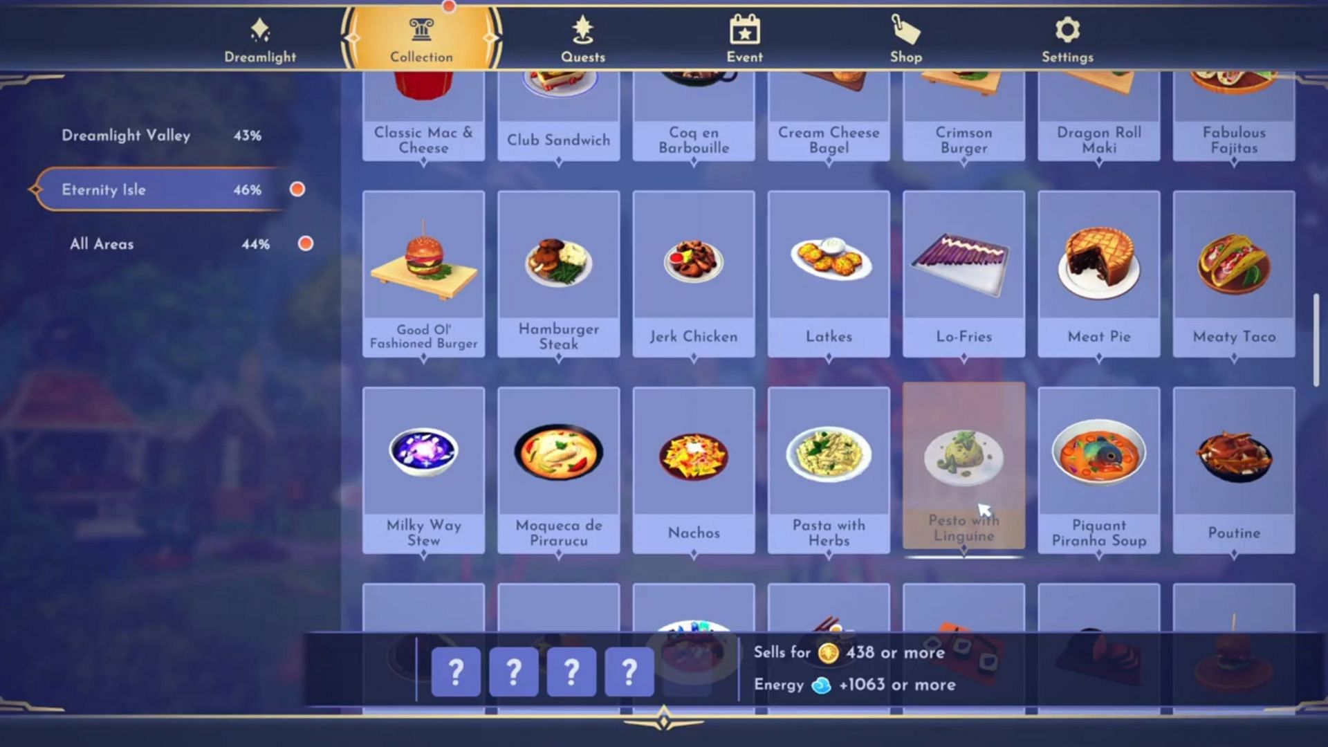 Pesto with Linguine restores 1063 energy and sells for 438 Star Coins (Image via Gameloft)