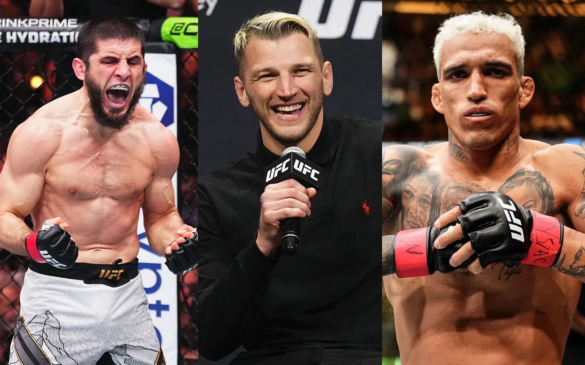 Dan Hooker (middle) teases that winner of his clash at UFC 313 will face Islam Makhachev (left) and not Charles Oliveira (right) [Images courtesy: Getty Images]