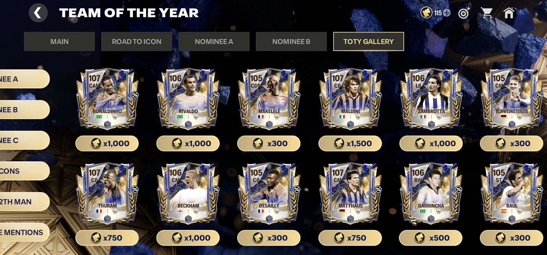 EA FC Mobile TOTY 2025 Week 1 and Week 2 Icons in TOTY Gallery (Image via EA Sports)