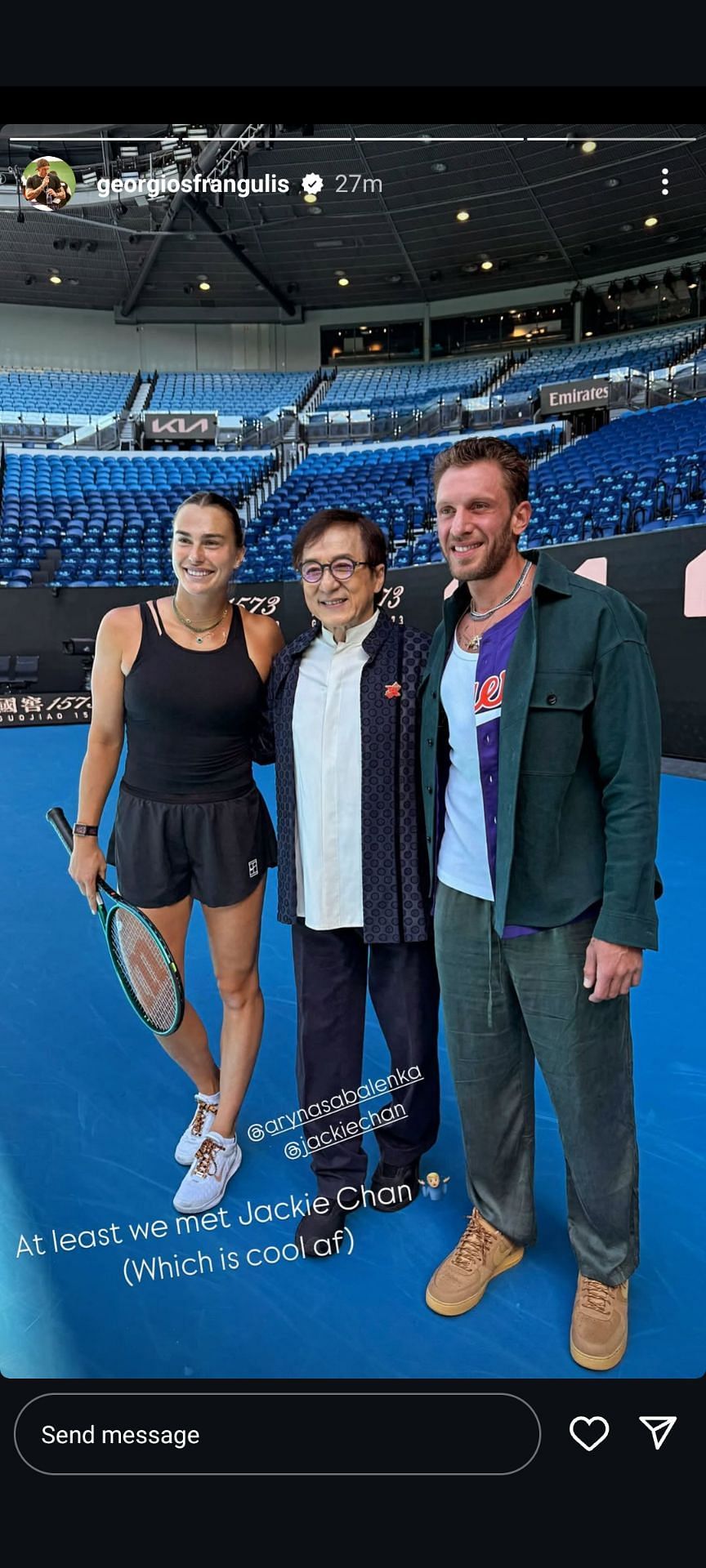 Aryna Sabalenka and her boyfriend Georgios Frangulis meet Jackie Chan before the Australian Open final, (Source: https://www.instagram.com/stories/georgiosfrangulis/3553734941563472698/)