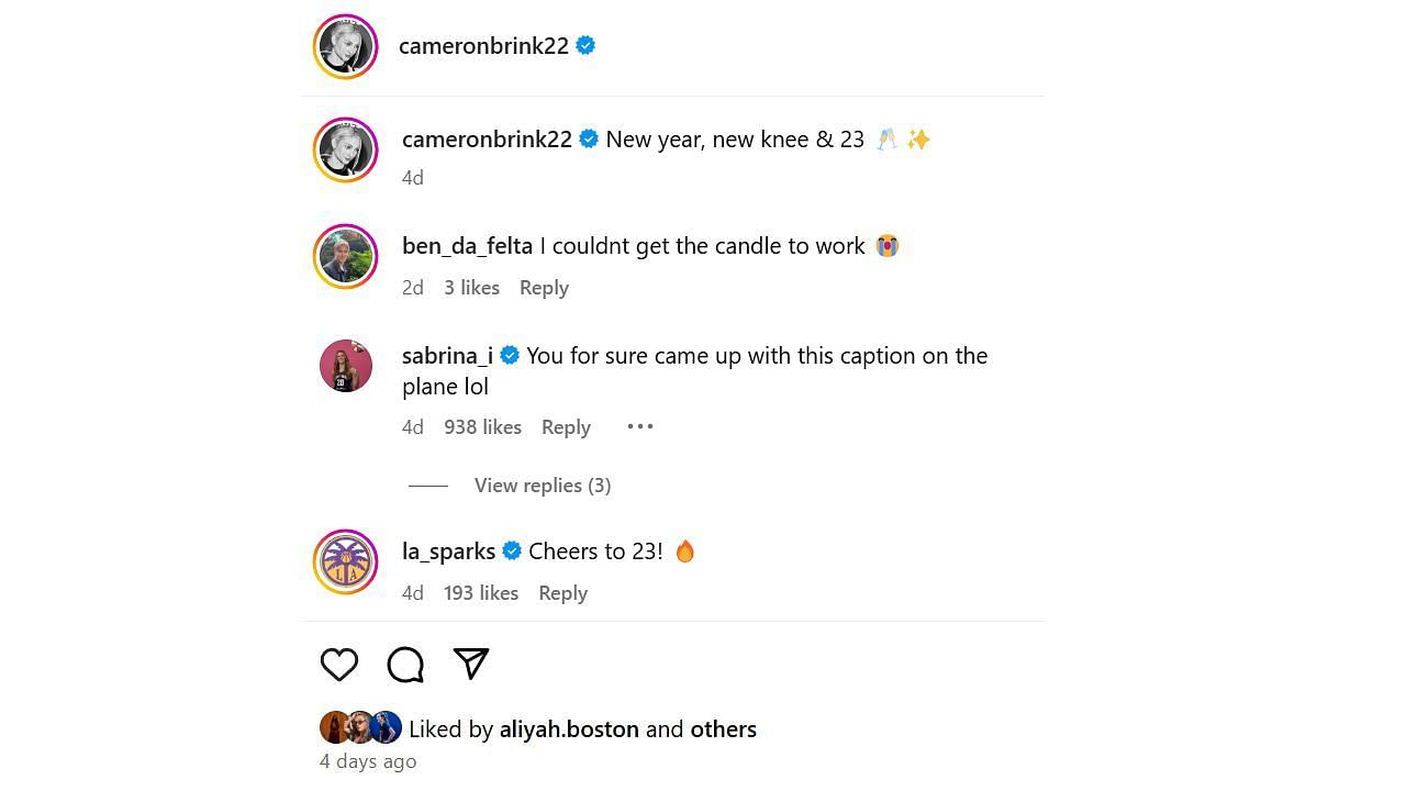 Ben Falta, Sabrina Ionescu and LA Sparks&#039; reaction to Cameron Brink&#039;s Instagram birthday post. [photo: @cameronbrink22/IG]