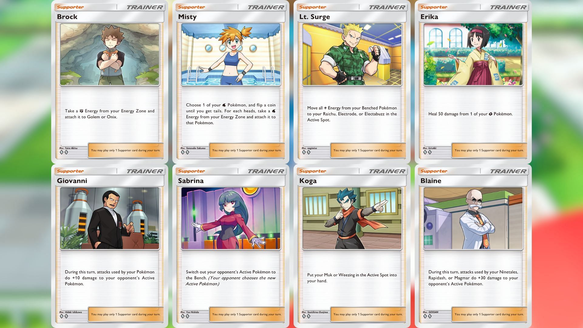 All Gym Leader trainer cards in the game (Image via The Pokemon Company)