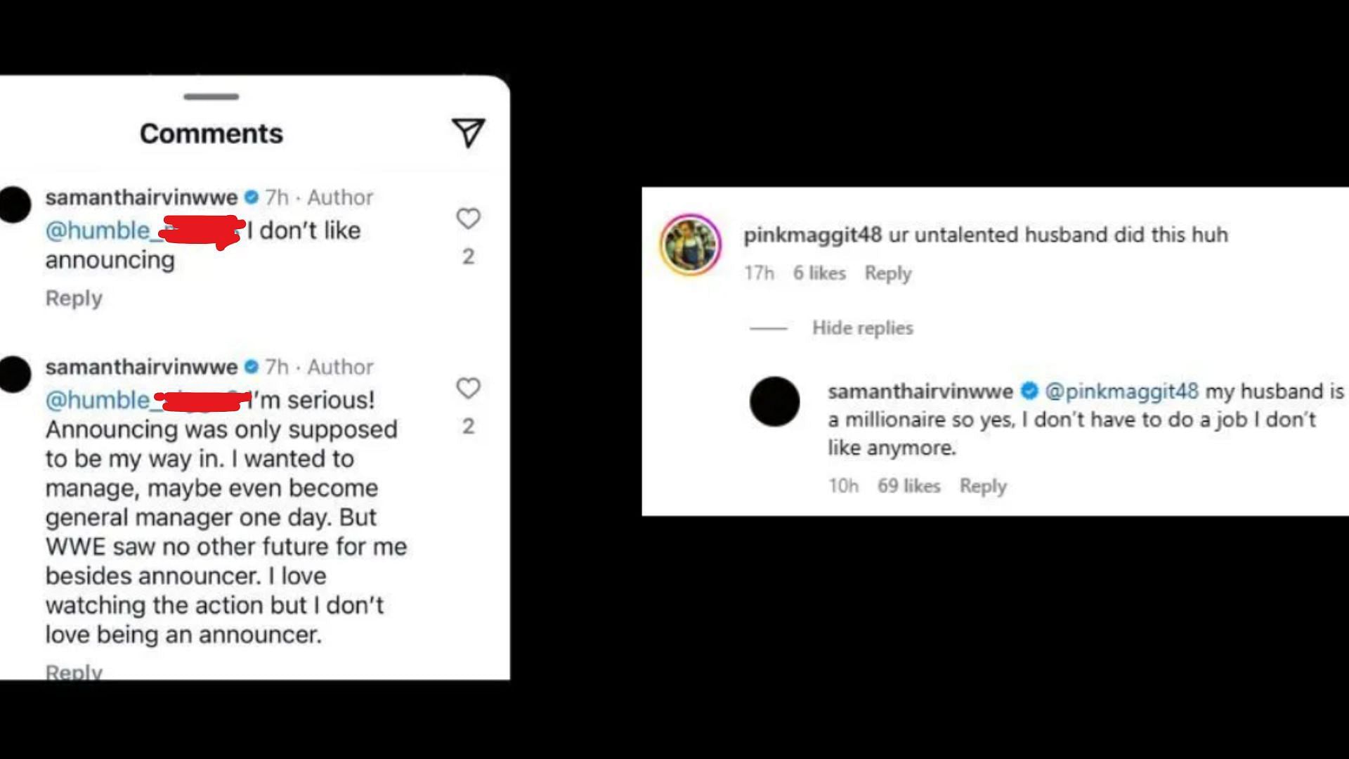 Samantha Irivn reacts to a fan&#039;s comment (Image source: Irvin&#039;s Instagram)