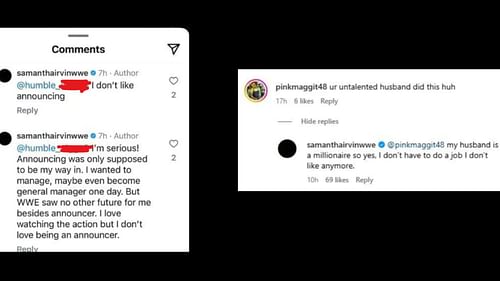 Samantha Irivn reacts to a fan's comment (Image source: Irvin's Instagram)